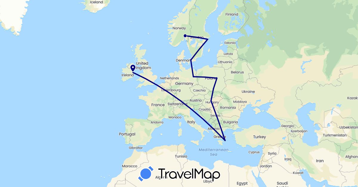 TravelMap itinerary: driving in Germany, Denmark, Greece, Hungary, Ireland, Norway, Poland, Sweden (Europe)