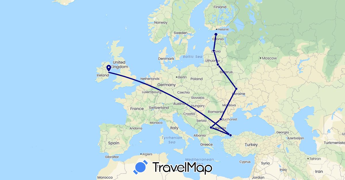TravelMap itinerary: driving in Bulgaria, Estonia, Ireland, Lithuania, Latvia, Romania, Turkey, Ukraine (Asia, Europe)